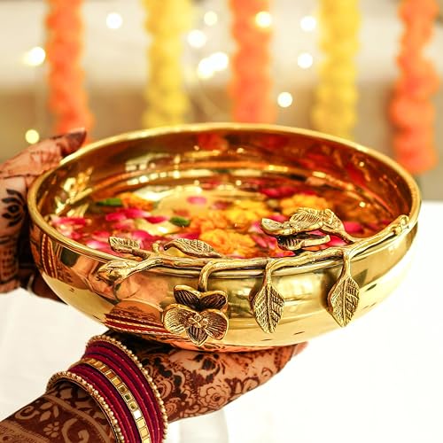 Image of BEHOMA Flower Design Brass Urli Decor Bowl, 10 inch | Flower-design brass urli bowl, 10 inch; golden centerpiece for haldi, mehndi, wedding & Diwali decor.