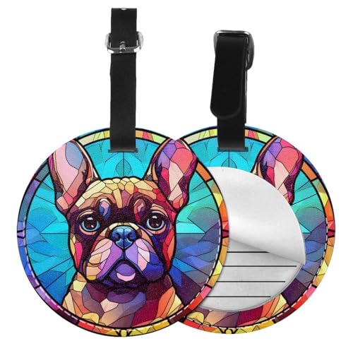 French Bulldog Stained Dog Breed Glass Art 2 Pcs Luggage Tag for Suitcase,Name Bag Tags, Round Baggage Identifiers with Privacy Cover,Leather Id Label for Women Men Travel