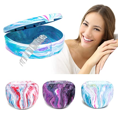 Marble Retainer Case with vent holes and Labels, Orthodontic Dental Holder Box Container for Clear Aligners, Denture and Mouthguard, Slim Cute Design for Kid and Adult