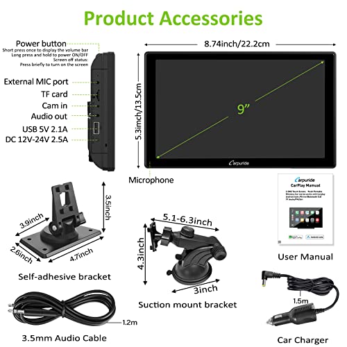 2023 Newest Carpuride 9 Inch Touchscreen Wireless Apple Carplay Android Auto Portable Car Radio Receiver Mp5 Player With Mirror Link/Gps/Siri/Google/Fm,Dashboard Mounted Car Stereo #TOP7