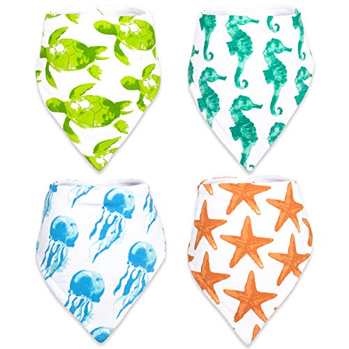 Stadela 100% Cotton Baby Bandana Drool Bibs with Snaps for Drooling Teething Burp Cloths 4 Pack Baby Shower Gift Set Unisex Boy and Girl - Coral Reef Ocean Sea Beach Summer Tropical Turtle Seahorse