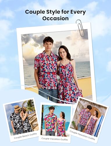 PATPAT Matching Hawaiian Outfits for Couples Beach Vacation Tropical Print Women Spaghetti Strap Dress or Men Cruise Shirt2