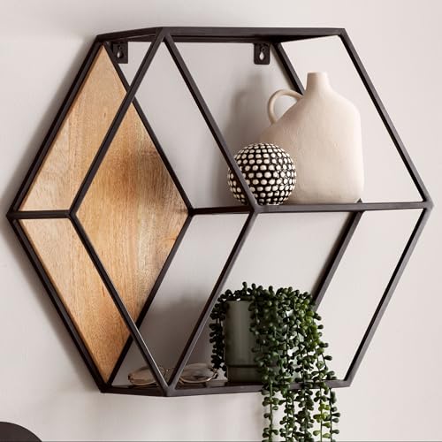 FineBuy Wandregal 60x52x20 cm Mango Massivholz / Metall Hängeregal Industrial, Design Schweberegal Sechseckig, Dekoregal Hängend Wabenform, Regal Wand mit 3 Ablagen