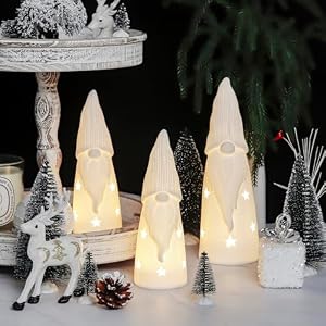 3 Pcs Ceramic Lighted Gnomes Christmas Gnome Decorations White Tree Figurines Holiday Decor Christmas Village Sets for Table Wall Mantle