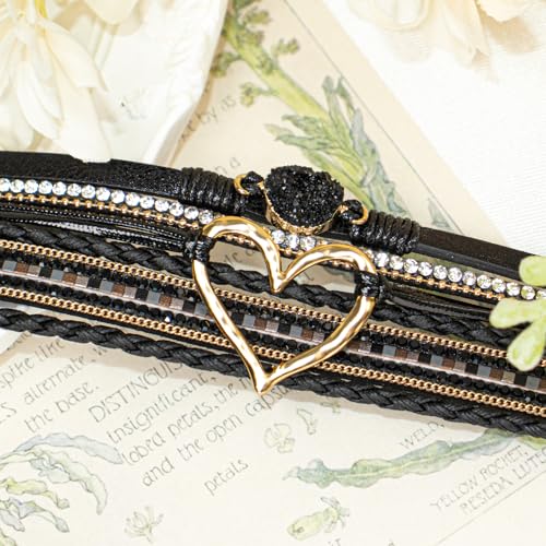 Leather Wrap Bracelet for Women, Boho Heart Cuff Bracelet with Strong Clasp, Multi-Layer Crystal Leather Bracelet4