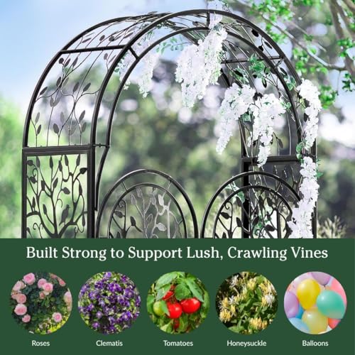 Image of Plow & Hearth Metal Tree of Life Arched Garden Arbor with Gate | 7 feet Tall Laser-Cut Design | Plant Support for Heavy Vines | Landscape Focal Point | Iron Steel