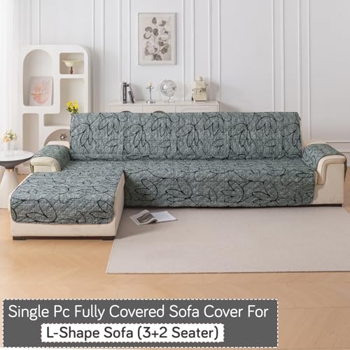 Image of HOKIPO 'Elira Series' Printed Quilted One-Piece L Shape 5 Seater (3+2) Sofa Cover Mat with Left Chaise | Anti-Slip Backing & SecureFit Belt, Intense Grey Abstract Floral (AR-5374-C2)