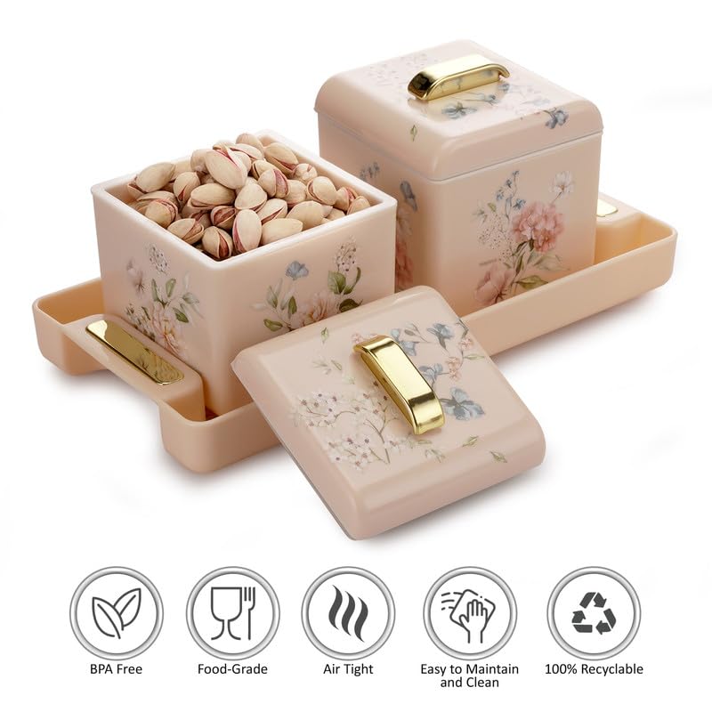 Image of Nayasa Miracle Dry Fruit, 2 pcs Container Serving Tray Set | 600 ML Each | Multipurpose Plastic Serving Set | Premium Design | BPA Free | Food Grade | Air-Tight Lid | Snack Organizer Tray | Beige