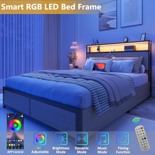 Image of Lifezone Full Bed Frame with 2-Tier Storage Headboard, Metal Platform Bed Frame with 4 Storage Drawers, Built in Charging Station & LED, Noise-Free /Metal Support /No Box Spring Needed, Beige