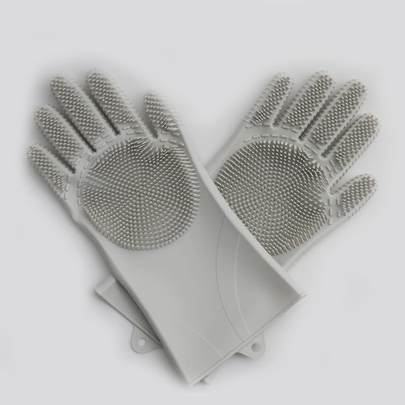 Gudahower Silicone cleaning gloves, dishwashing gloves, pet shower gloves, with bristles, uniform size (gray)