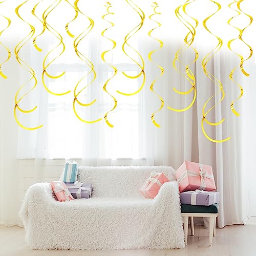 Image of Gold Ceiling Swirl Foil Decorations Hanging Plastic Streamer Themed Swirl Party Decoration for Wedding Thanksgiving Day Graduation Celebration, Pack of 28