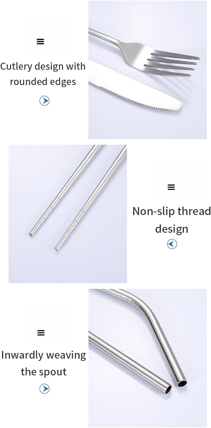 Silverware Flatware Set, 7/28/42/56/70/84 Piece Stainless Steel Convenient Tableware Set Outdoor Travel Knife, Fork, Spoon, Straw, Chopsticks, Brush, Waterproof Bag(Blue,28 Piece set for 4)