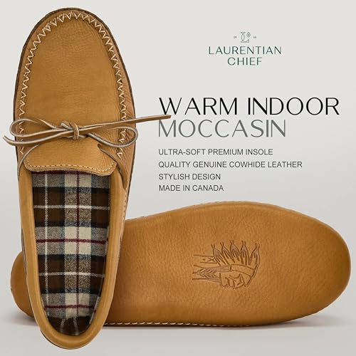Laurentian Chief Leather Moccasins for Men – Stylish Mens Moccasin Slippers with Plaid Insole Lining, Comfortable Indoor Shoes, Single Lacing, Durable Leather Sole, Made in Canada2