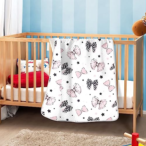Image of Swaddle Blanket for Pink and Black Bow Baby Receiving Blanket Muslin Baby Swaddles Soft Cotton Breathable Nursery Blankets for Unisex Boys and Girls 30x40 Inch