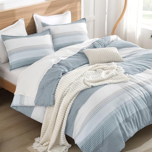 Litanika Light Blue Comforter Full Size Set, 3 Pieces Bedding Set, Blue White Colorblock Stripe (79x90In Comforter & 2 Pillowcases)