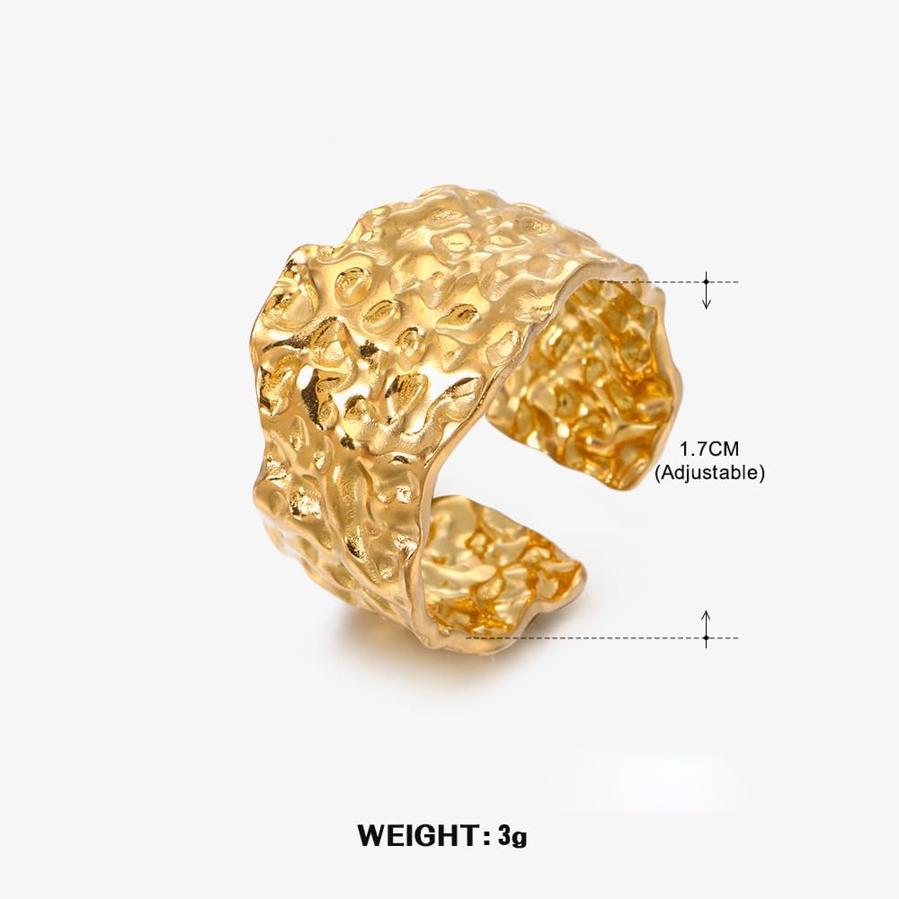 Adjustable Hammered Ring for Women 14k Gold Plated Chunky Textured Ring Vintage Irregular Stackable Open Ring Trendy Punk Statement Jewelry Gifts - Image 5