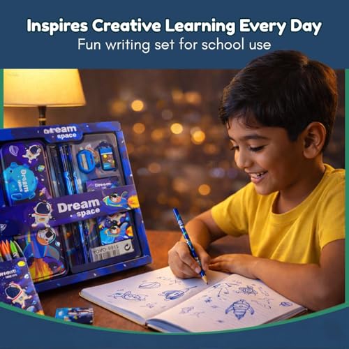 Image of Smily Buds Space Theme Stationery Kit for Kids - Stationery Box Pencil Pen Eraser Sharpener and Space Pencil Box- Stationary Kit Set for Boys and Girls, Birthday Gift for Kids