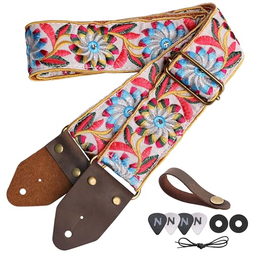 Image of Nefelibata Guitar Strap,Crazy Horse Leather Jacquard Embroidery Cotton Guitar Straps for Bass, Electric & Acoustic, Best Gifts for Guitarists(Retro White Daisy)