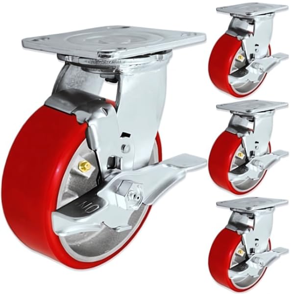 6" X 2" Tool Box Kit - Red Polyurethane Wheel - 5,000 Lbs Capacity Per Set of 4 - Select Your Hardware - Weld On Swivel Lock - Red Poly Tread on Silver Iron