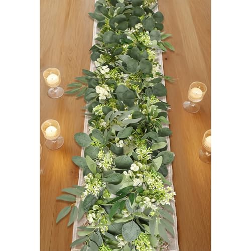IWNTWY 6Ft Eucalyptus Garland, Upgrade Bushy Artificial lvy Greenery Vines with Flower Gypsophila Willow Leaves for Home Wedding Arch Party Table Runner Centerpiece Decor