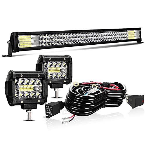 32" LED Light Bar T-Former Triple Row 441W Flood Spot Combo Beam Off Road Lights 2pc 4inch 60W Spot Driving Fog Lights with Rocker Switch Harness Wiring for Trucks ATV UTV Jeep Boat Pickup