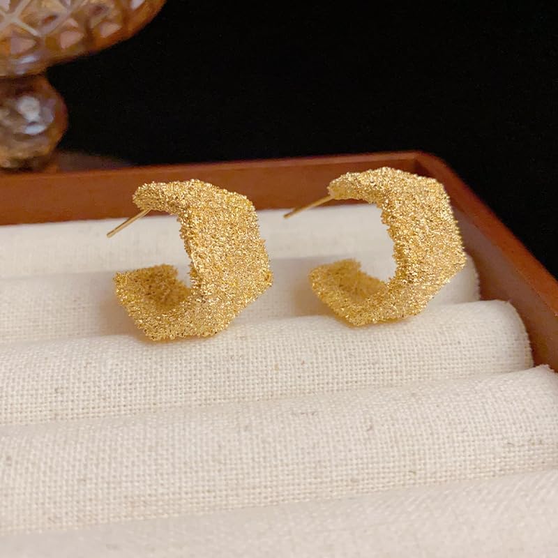 Eioi & Lmnm Women's Gold Matte Textured Geometric Half Hoop Earrings, Chunky Gold Statement Earrings, C Shaped Geometrical Gold Stud Earrings, 925 Sterling Silver Posts Hypoallergenic Gold Half Hoop Earrings, Trendy Jewelry Gift for Her - Image 7