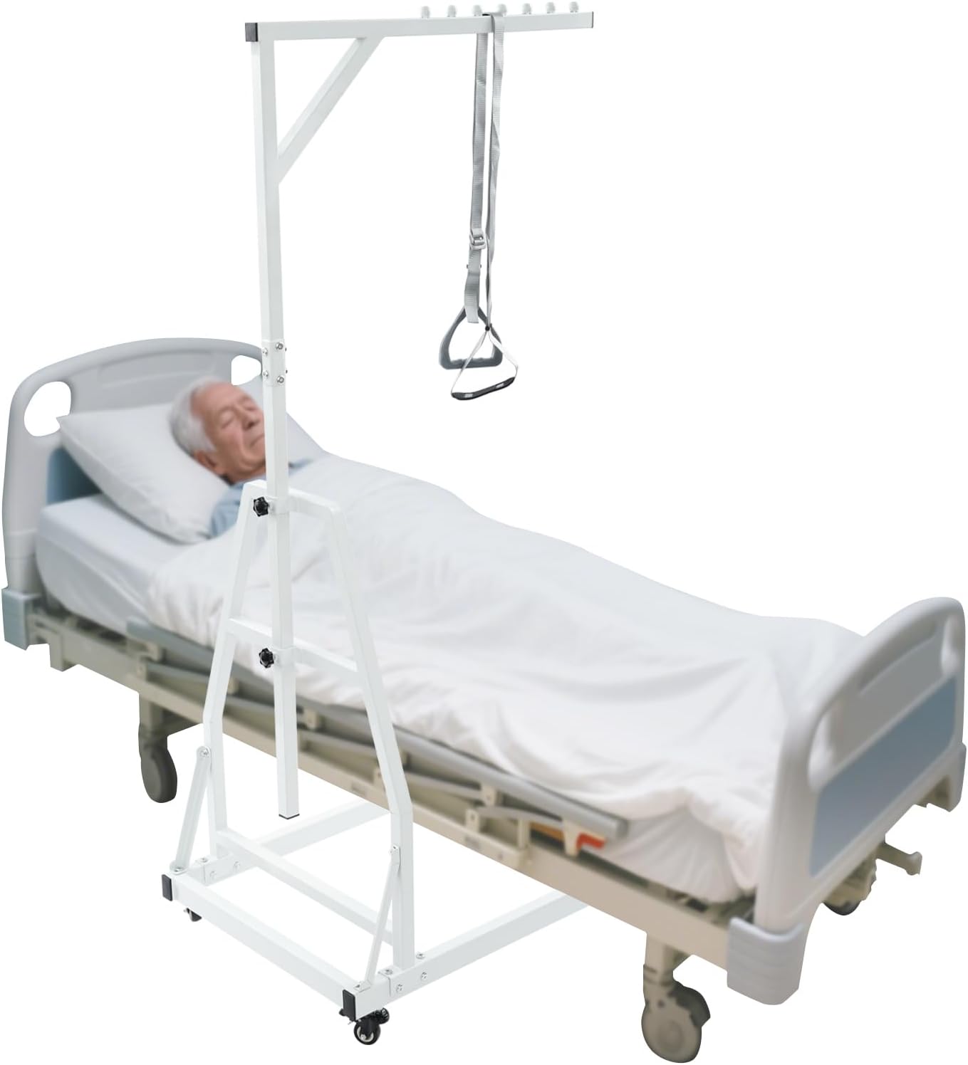 Bed Trapeze, 330.69LBS Heavy Duty Pull Up Assist Bar Adjustable Medical Trapeze Bar Carbon Steel Patient Mover for Care Facilities w/4 Universal Wheels for Elderly Care Bed Hospital Beds (White)