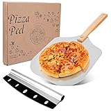 Viesap Pizzastein, XL Pizzaschieber Aluminium, Pizzastein Für Backofen, Pizzastein Gasgrill, Pizzastein Rechteckig, Pizzastein Grill, Pizzastahl Mit Extra Großer Pizzaschneider, Klappbarer Holzgriff.