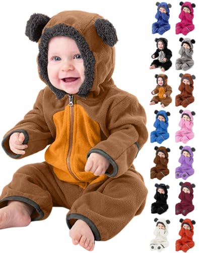 Baby Halloween Costumes Fleece Baby Boy Girl Bunting Bodysuit with Bear Ear Hood Easy Zip Newborn Outfits Fall Winter Clothes Brown 6-12 M
