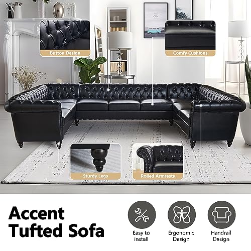 Image of QHITTY U-Shaped Sofa, Sectional Chesterfield Leather Faux Couch 9-Seater Upholstered Large Accent Tufted Sofa with Rolled Armrest and Nailhead Design for Living Room, Apartment, Office (Black)