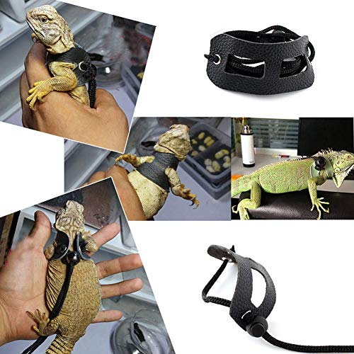 Image of 3 Packs Bearded Dragon Harness and Leash Adjustable(S,M,L) - Soft Leather Reptile Lizard Leash for Amphibians and Other Small Pet Animals (Black)