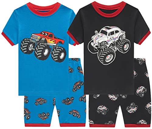 Boys Cotton Short Sleeve Truck Pajamas – Summer PJs for Kids, Size 6, Blue