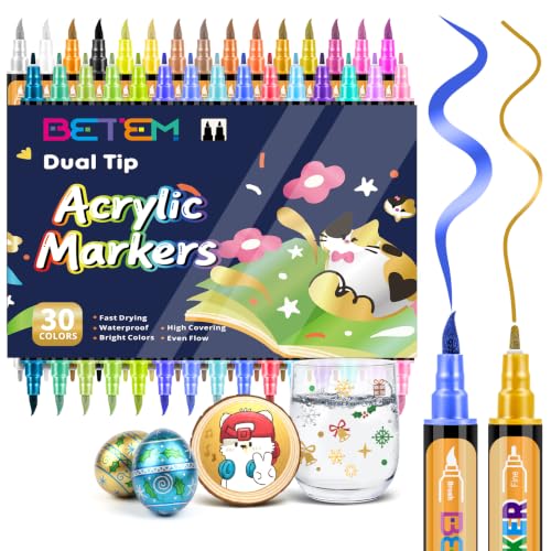 Image of Betem 30 Metallic Paint Markers for Glass, Dual Tip Acrylic Paint Pens