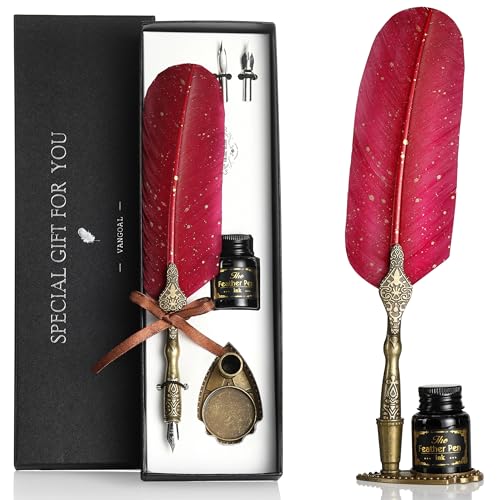 Image of VANGOAL Vintage Carving Feather Pen Set, Glittering Quill Pen Set Antique Calligraphy Writing Dip Pen with Ink, 2 Nibs, Pen Stand Base, Luxury Vintage Signature Pen (Red)