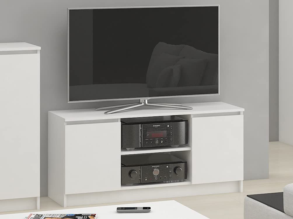 Home Collective Mobile TV largo 120 cm con due ante e due ripiani aperti, mobile TV, credenza bassa, camera da letto soggiorno in bianco