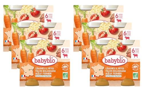 Babybio - Petits Pots - Légumes & Pâtes façon bolognaise Bœuf - 6+ mois - BIO - 2 x 200g - Lot de 6