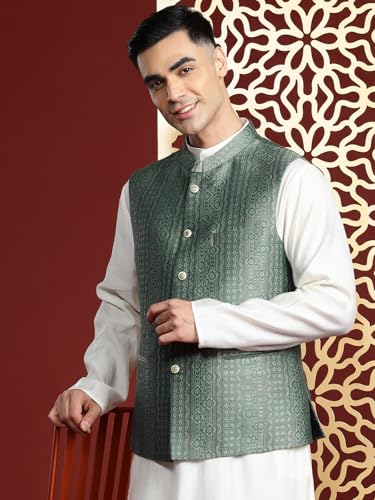 Image of MANQ Men's Kurta With Churidar & Ethnic Motifs Nehru Jacket Set For Wedding, Festival & Formal Occasions