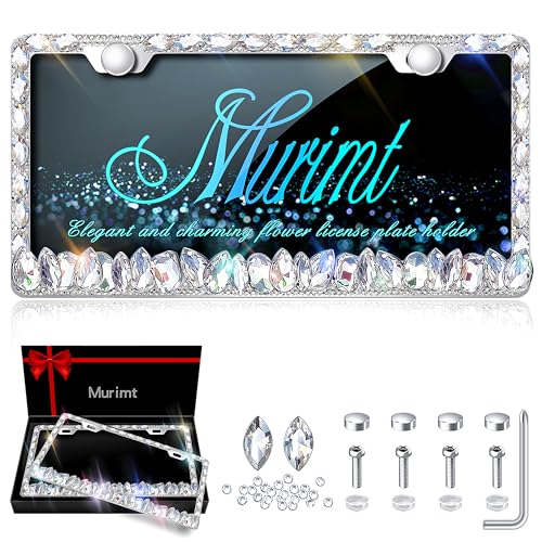 Murimt Bling License Plate Frame for Women,2 Pack Stainless Steel Rhinestone License Plate Frames | Holder Handmade Glitter Crystal Diamond Lincense Plate Cover for Girl Bedazzled Sparkly (White)…