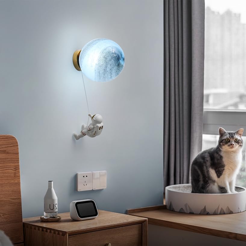 Aplique luna, luz de noche junto a la cama, aplique esférico, lámpara astronauta de dibujos animados, aplique con temperatura de color regulable, adecuado para:habitación infantil, estudio,Earth,15cm