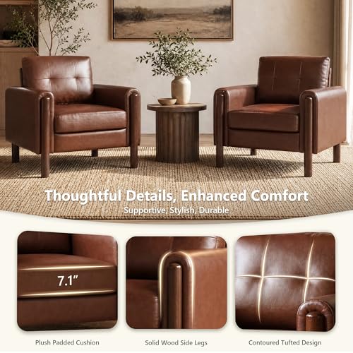 Image of STHOUYN 35 inch Brown Leather Oversized Accent Chair Set of 2 with Wood Armrests, Mid-Century Modern Tufted Living Room Chair, Comfy Reading Sofa Chair Lumbar Support & Thick Cushion Waiting Room Office