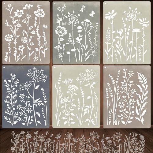 6-Piece Wildflower Stencil for Painting - Large Reusable Floral Design for DIY Furniture Decor | Modular Stencil Kit for Wood, Walls & Home Art