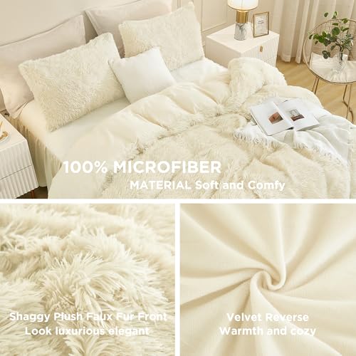 Andency Faux Fur Beige Comforter Set King Size, 3 Pieces Fluffy Fuzzy Plush Bedding Comforter Set (1 Shaggy Velvet Comforter & 2 Pillowcases), Soft Puffy Comfy Down Alternative Comforter Bedding Set