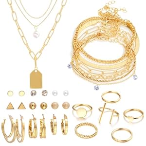 NEWITIN 33 Pieces Gold Jewelry Set for Women Fashion Costume Jewelry Gold Plated Necklace Bracelet Ring Earrings Set for Women