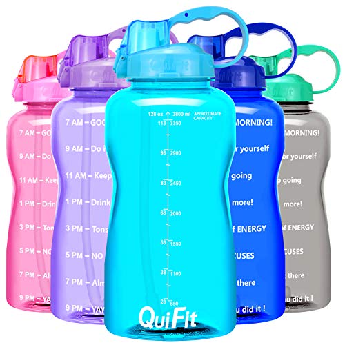 QuiFit Motivational Gallon Water Bottle - with Straw & Time Marker BPA Free 128/64 oz Large Water Jug Leak-Proof Durable for Fitness Outdoor Enthusiasts(Light Blue, 1 Gallon)
