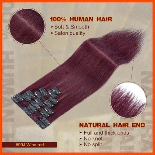 Image of Benehair Clip in Hair Extensions Real Human Hair, Long Straight Hair Extensions Clip in Human Hair for Women, 100% Remy Natural, Full Head 8pcs 20inch #99J Wine Red