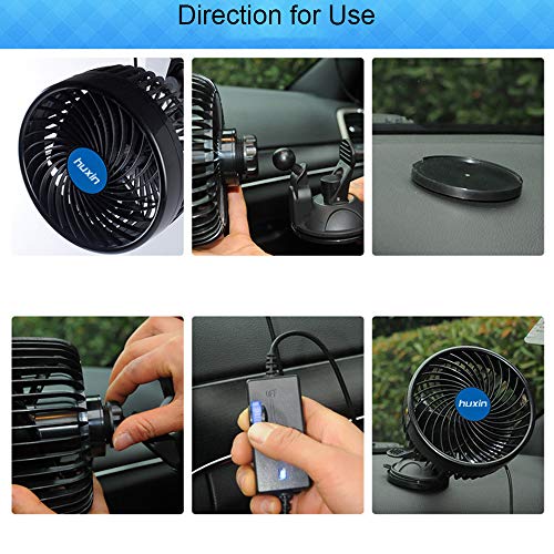 QIFUN 12V 6 inch Car Cooling Fan, 360 Degree Adjustable Vehicle Fan, Powerful Ventilation Electric Fans with Suction Cup & Cigarette Lighter Plug for Car Truck Van SUV RV Boat