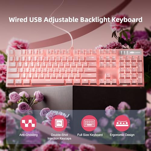 Image of MageGee Pink Gaming Keyboard USB Wired Keyboard, New Mechanical Storm Adjustable Backlight Keyboard Splash-Proof Ideal for PC /Laptop /MAC Game(Pink)