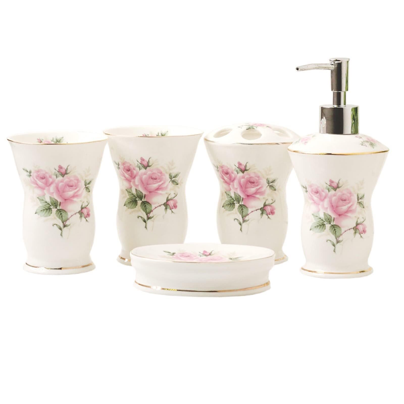 Bathroom Sets Juego de Accesorios baño 5 Piezas: dispensador jabón, Porta cepillos Dientes, Vaso, Plato. Decoración Coastal Decor(Pink)