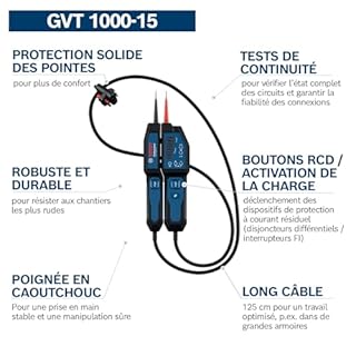 Bosch Professional Testeur de tension GVT 1000-15 (test de tension jusqu’à 1000 V AC/DC, retour LED, buzzer, alertes par vibration, lampe de poche intégrée, câble de 125 cm, 2x1,5 V LR03 (AA),housse)