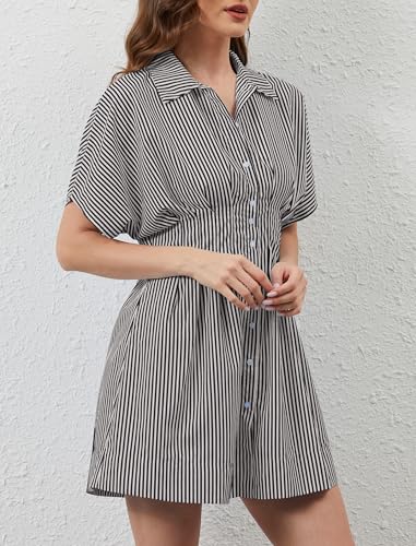 Image of Women Button Down Pleated Shirt Dress Summer Short Sleeve Blouse Striped Print Corset Mini Dresses